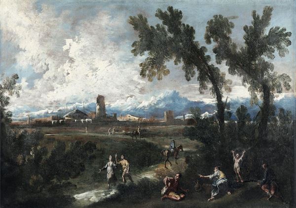 Scuola lombardo-veneta del XVIII secolo Paesaggi con viandanti e contadini
