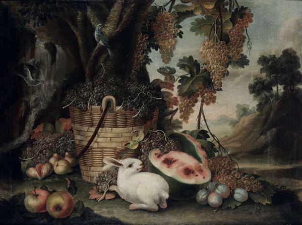 Scuola lombardo-piemontese del XVIII secolo Natura morta con uva, anguria e coniglietto