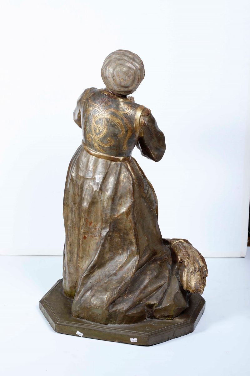 Contadina Genuflessa. Legno Policromo, Argentato, Dorato e Vetro Colorato. Arte Genovese del XVII...