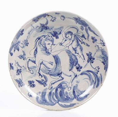 Piatto Decorato con Cavallo e Putto in Stile “a Tappezzeria” Probabilmente Liguria, Inizio del XX...