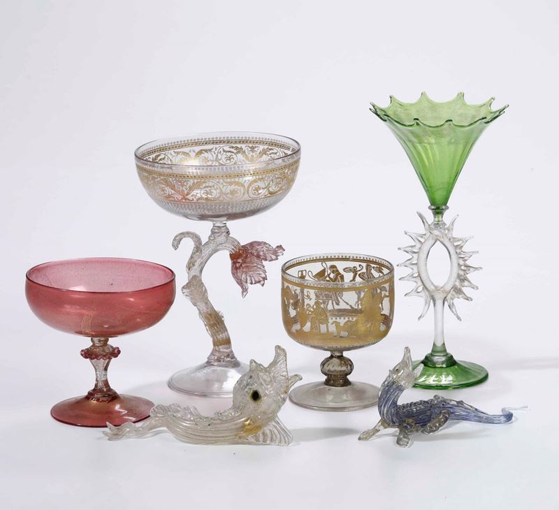 Quattro bicchieri in vetro e due animali in vetro  - Auction Antiques | Time Auction - Cambi Casa d'Aste