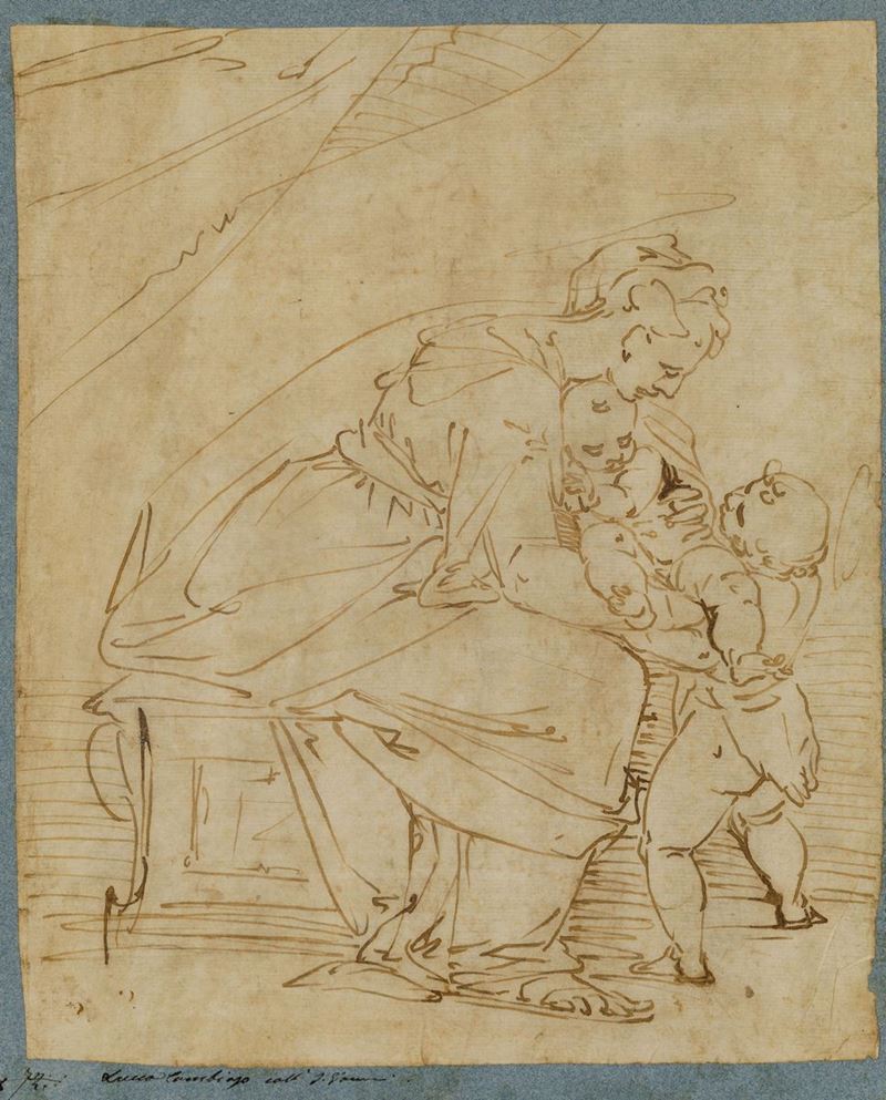 Luca Cambiaso (Moneglia 1527 - Madrid El Escorial 1585), scuola di Vergine con Bambino e San Giovannino  - Auction Old Master Drawings - Cambi Casa d'Aste