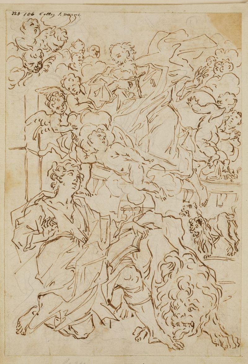 Scuola genovese del XVII secolo Il profeta Daniele nella fossa dei leoni  - Auction Old Master Drawings - Cambi Casa d'Aste
