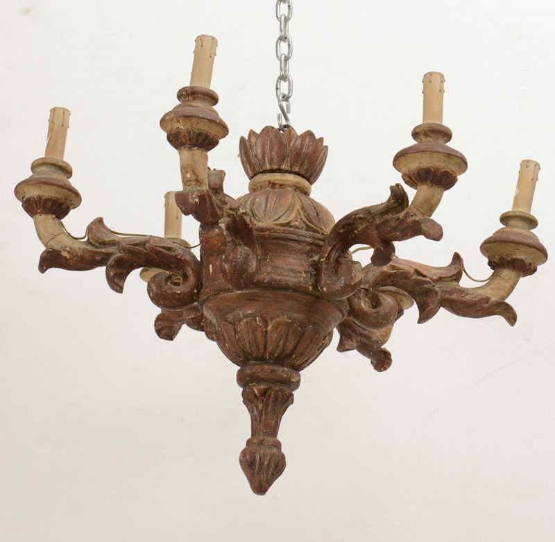 Lampadario in legno intagliato e dorato a 6 luci  - Auction Fine Art January | Cambi Time - Cambi Casa d'Aste