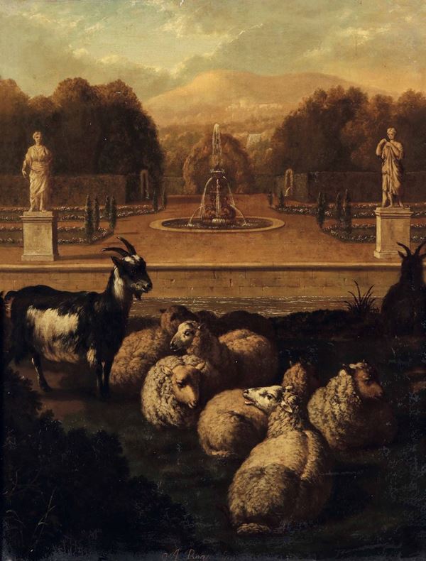 Abraham Begeyn - Abraham Begeyn (Leida 1637 - Berlino 1697) Veduta di giardino con fontana e armenti