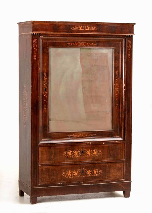 Armadio in mogano con intarsi in legno chiaro con anta singola a specchio e due cassetti sottostanti. Napoli, manifattura Smith 1835 - 1850