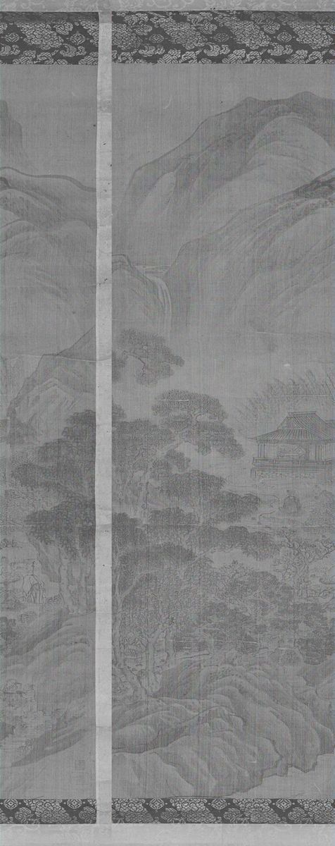 Dipinto su seta raffigurante paesaggio montano con pagoda, personaggi, iscrizioni e marchi, Cina, Dinastia Qing, XVIII secolo