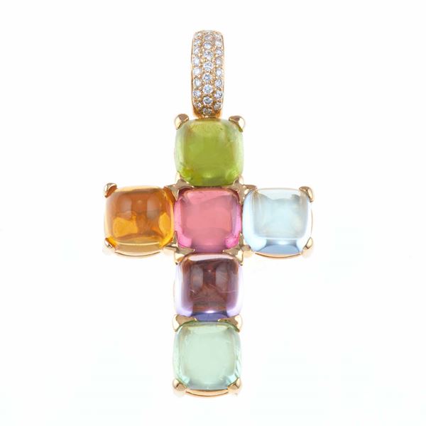 Pendente "croce" con quarzi multicolor, diamanti e tormaline