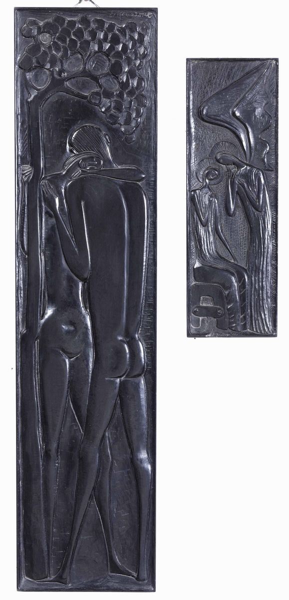 Due altorilievi in ardesia raffiguranti adamo ed Eva ed Annunciazione