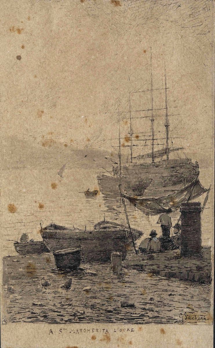 Giuseppe Sacheri (Genova 1863 - Pianfei 1950) Barche a santa Margherita  - Asta Antiquariato | Cambi Time - Cambi Casa d'Aste