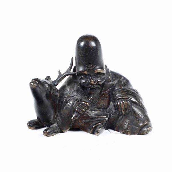 Figura di saggio con cerbiatto in bronzo, Cina, Dinastia Qing, XIX secolo