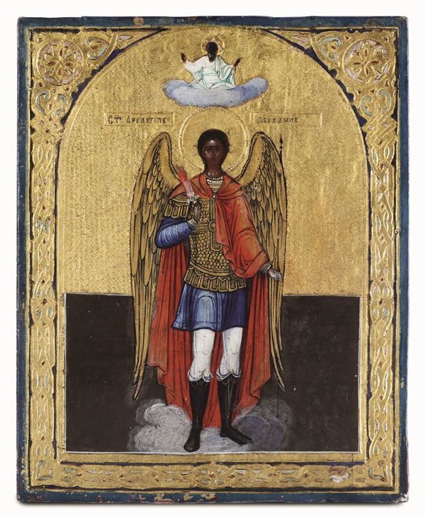 San Michele Arcangelo. Icona su tavola a fondo oro. Arte russa del XIX secolo