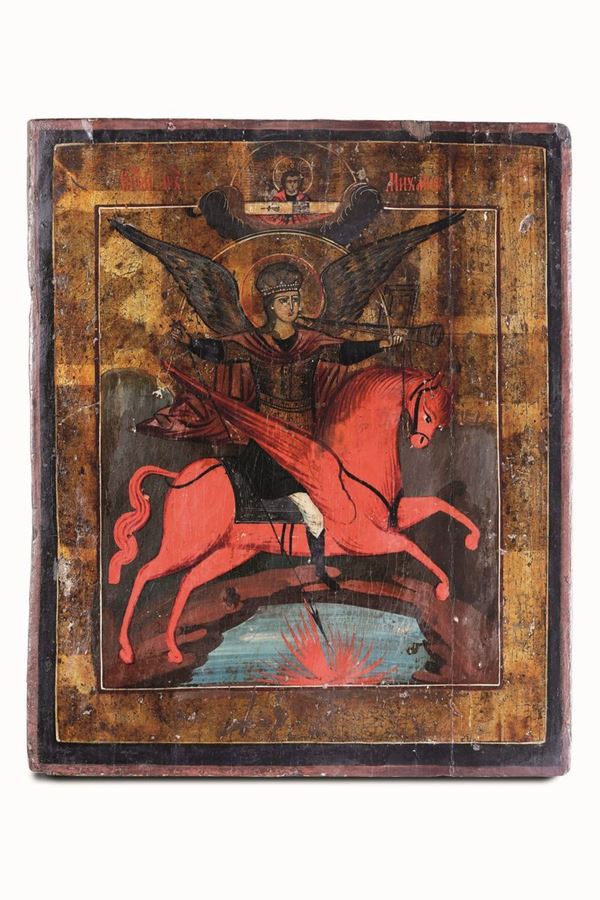 San Michele Arcangelo cavaliere dell'apocalisse. Icona su tavola. Arte russa del XIX secolo