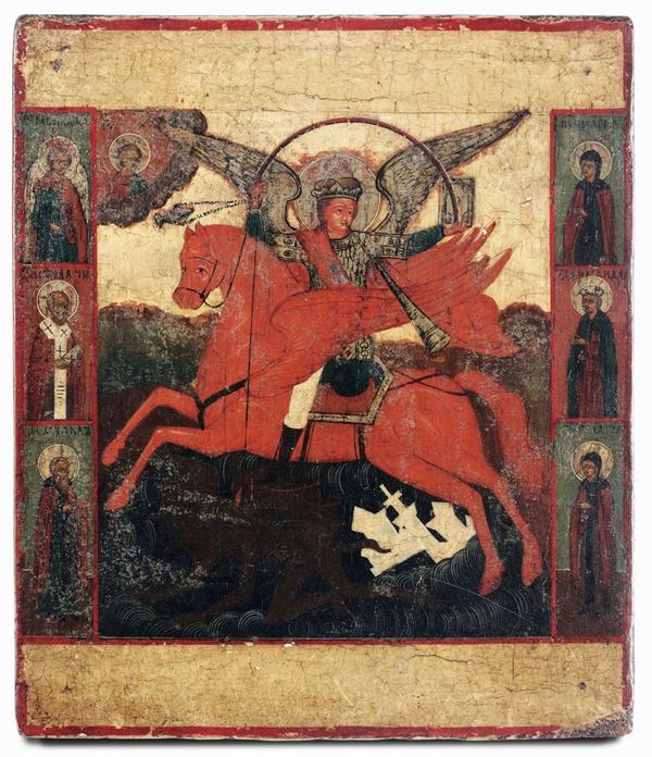 San Michele Arcangelo cavaliere dell'apocalisse. Icona su tavola. Arte russa del XIX secolo