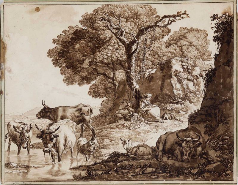 Pietro Giacomo Palmieri (Bologna 1737 - Torino 1804) Paesaggio con pastori e armenti  - Asta Disegni Antichi - Cambi Casa d'Aste