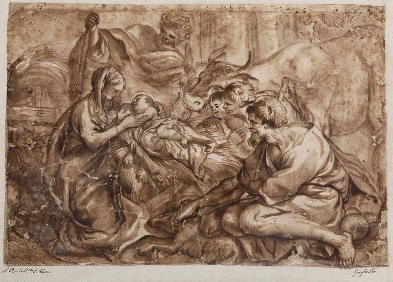 Domenico Piola (Genova 1627-1703), bottega di Adorazione dei pastori  - Asta Disegni Antichi - Cambi Casa d'Aste