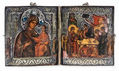 Dittico da Viaggio Raffigurante Vergine con Bambino e la Pentecoste. Riza in Argento Fuso, Sbalza...