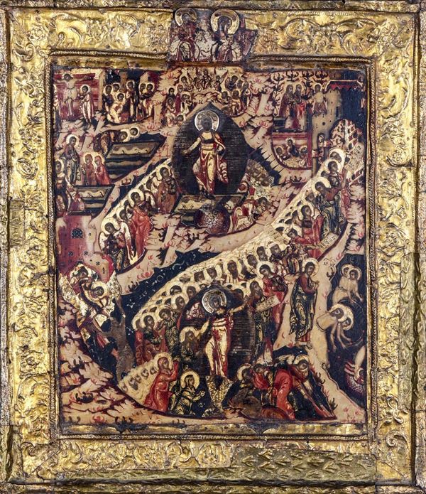 La Resurrezione del Signore e la discesa agli inferi.  Scuila russa, XVIII-XIX secolo.  Cornice e aureole in rame sbalzato e dorato.