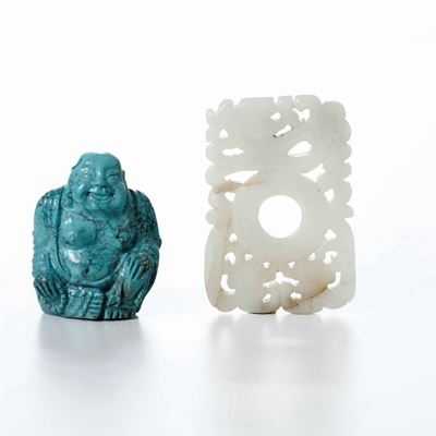 Lotto Composto da Piccola Figura di Budai in Turchese e Placca in Giada con Decoro a Traforo, Cin...