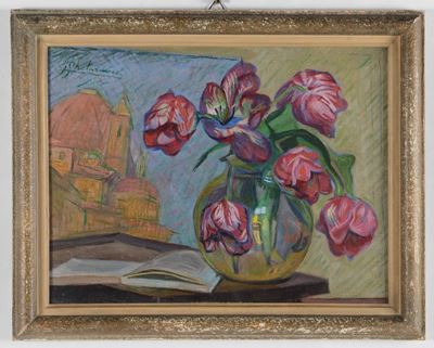 Giulio Gherarducci (livorno 1883- Firenze 1970) Tulipani con Libro e Cupola della Basilica di San...