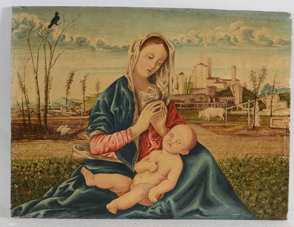 Seguace di Giovanni Bellini Madonna con bambino in un paesaggio