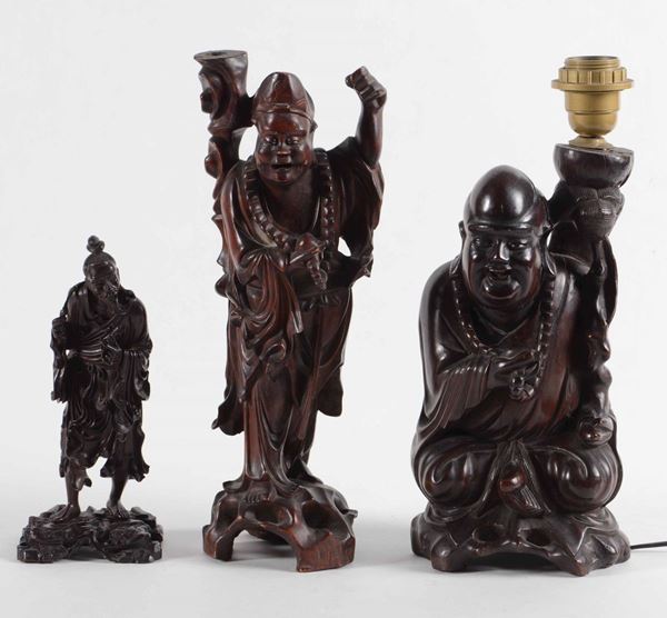 3 sculture in legno raffiguranti due saggi e un pescatore, Cina