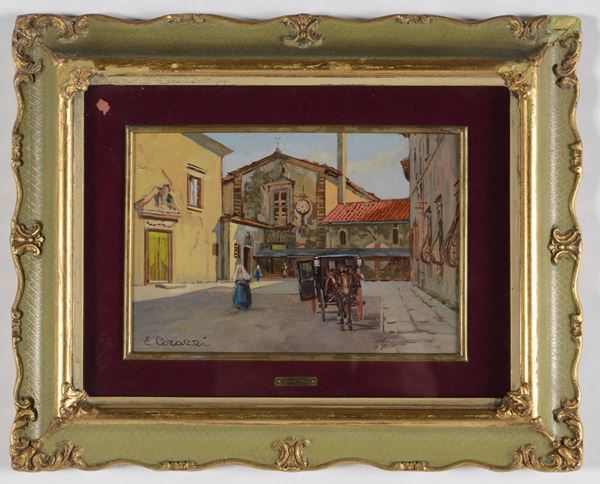 Enrico Corazzi (Livorno 1887-1852) Piazza di paese con carrozza