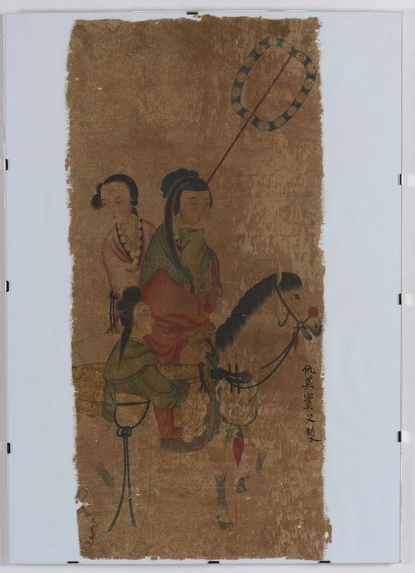 Vecchio acquarello raffigurante figure con cavallo, Cina
