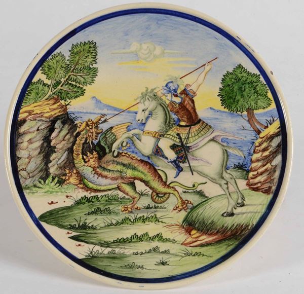 Vecchia manifattura, piatto dipinto in ceramica con San Giorgio e il drago
