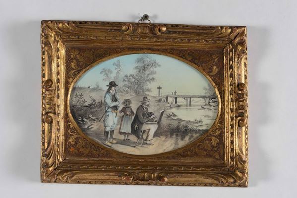 Paesaggio con pittore al cavalletto e curiosi, XIX secolo