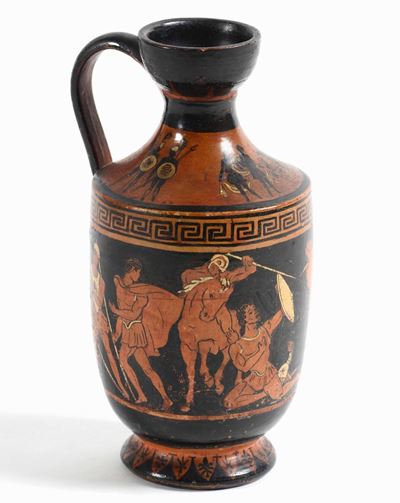 Vaso in Terracotta Dipinta All'etrusca con Scena di Battaglia e Personaggi Mitologici. XIX Secolo