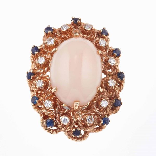 Coral, diamond, sapphire and low karat gold ring