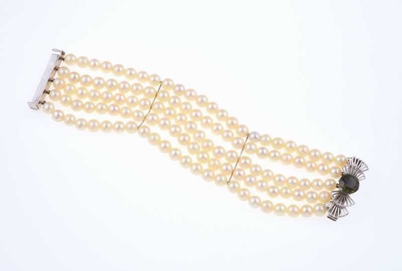 Bracciale a cinque fili di perle coltivate con tormalina  - Auction Spring Jewels - I - Cambi Casa d'Aste