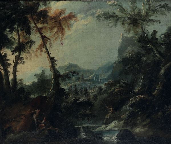 Scuola veneta del XVIII secolo Paesaggio fluviale con figure