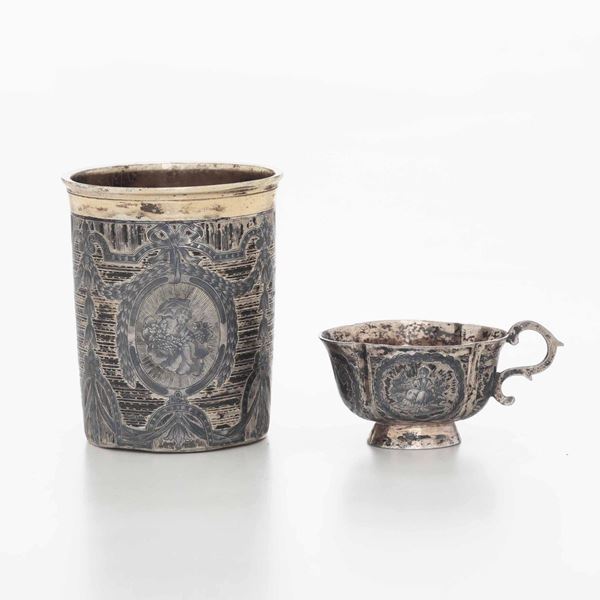 A silver and niello cup and glass, early 1800s