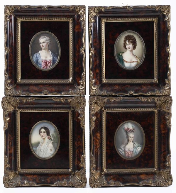 Quattro miniature con ritratti di gentildonne. Fine XIX secolo