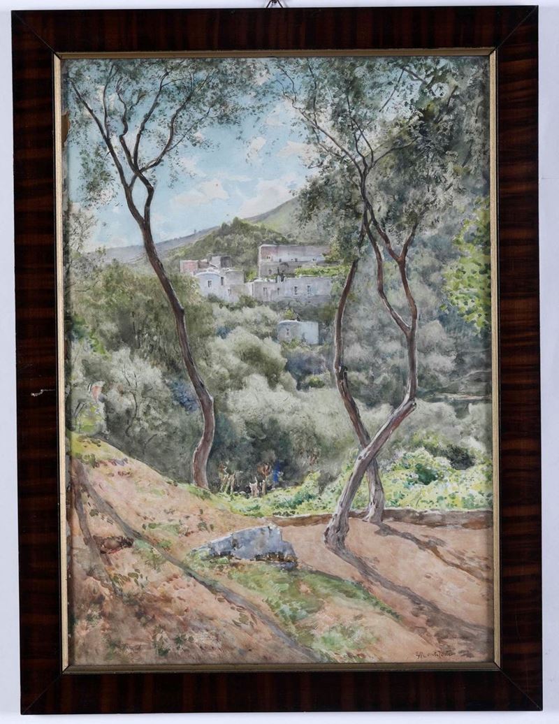 Edoardo Monteforte (1849-1932) Paesaggio con paese  - Asta Dipinti del XIX e XX Secolo | Cambi Time - Cambi Casa d'Aste
