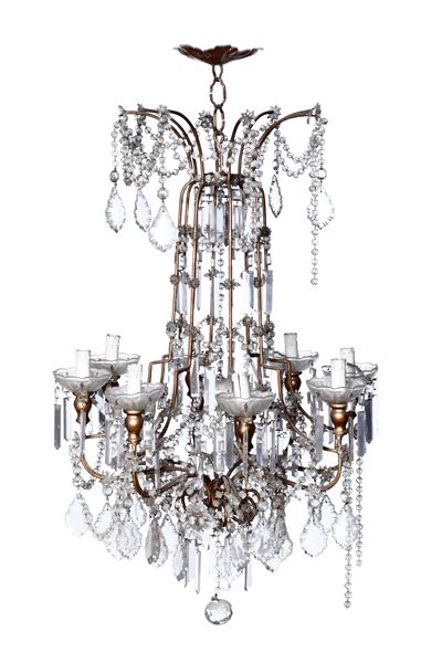 Lampadario Ad Otto Luci in Metallo e Cristallo. XIX-XX Secolo