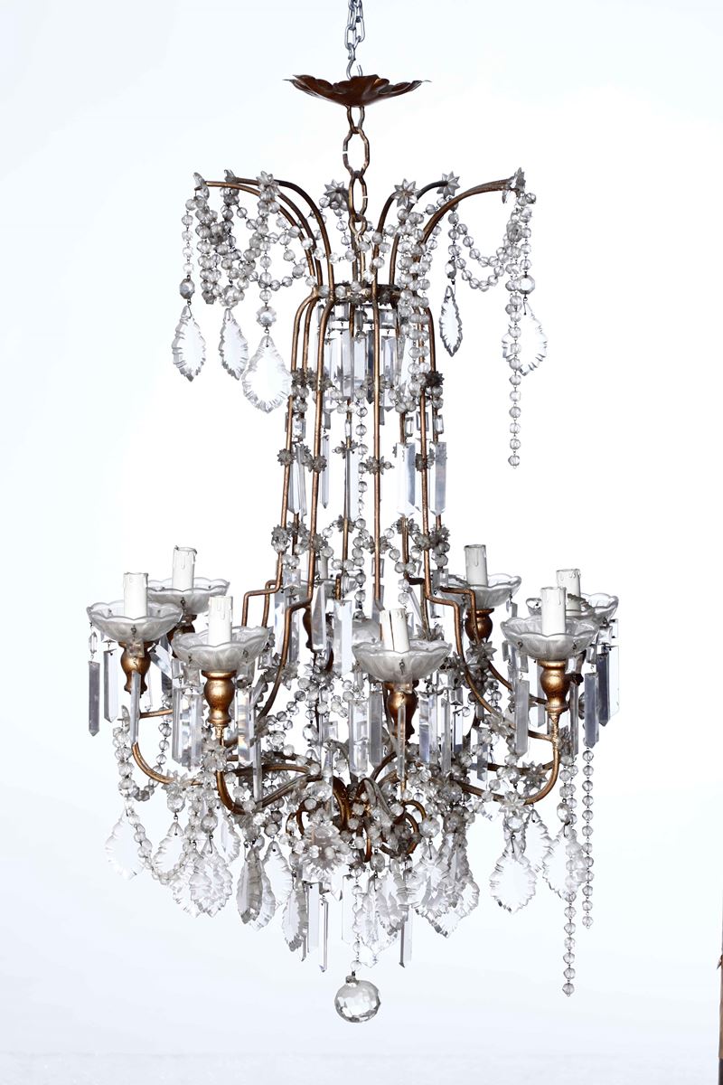 Lampadario ad otto luci in metallo e cristallo. XIX-XX secolo  - Auction Antique April - Cambi Casa d'Aste