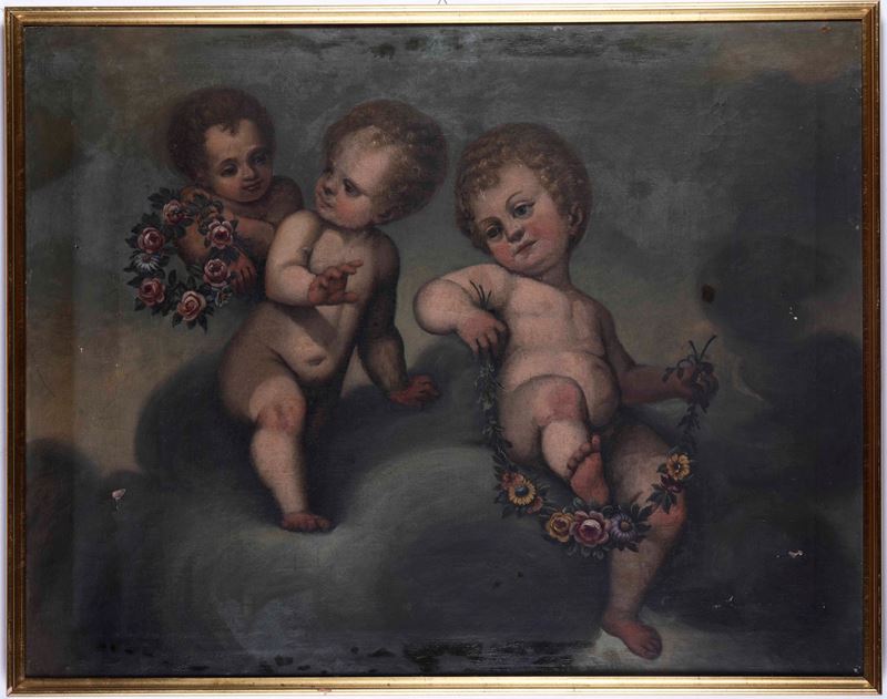 Nei modi della pittura italiana del XVIII secolo (XIX secolo) Putti con ghirlande floreali  - olio su tela - Auction Old Masters - Cambi Casa d'Aste