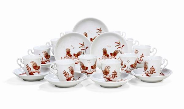 Dodici tazze da caffè con piattino “a galli rossi” Doccia, Manifattura Richard Ginori, seconda metà del XX secolo