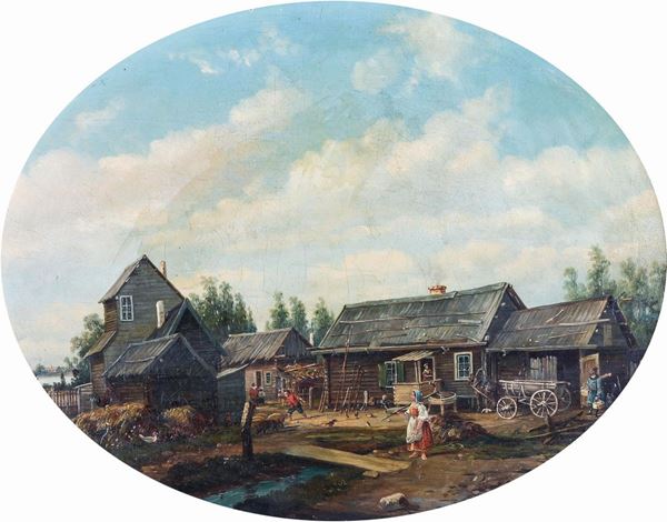 Scuola Russa 1850-1860 circa Scenetta di vita campestre in un piccolo villaggio con le izbe e contadini ai bordi di un grande fiume