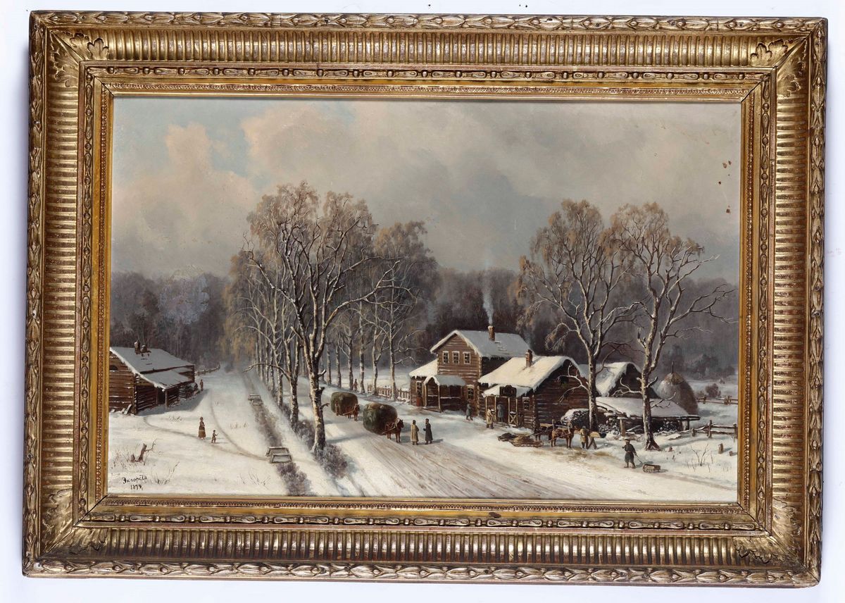 Vassily Ekgorst (1831-1901)scena Invernale di Vita Campestre Russa con un Villaggio di Izbe