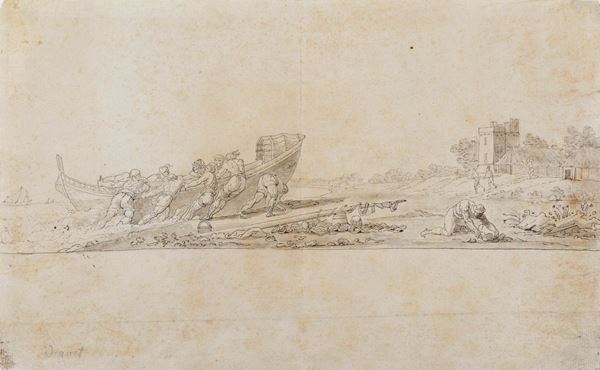 Scuola francese del XVIII secolo Personaggi che tirano una barca in secca