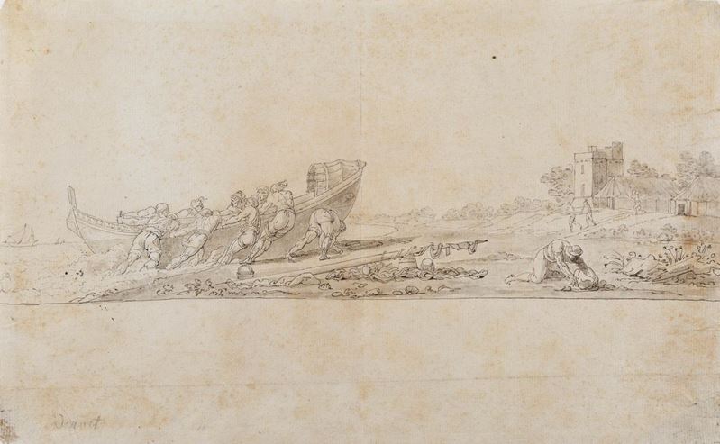 Scuola francese del XVIII secolo Personaggi che tirano una barca in secca  - Asta Disegni Antichi - Cambi Casa d'Aste