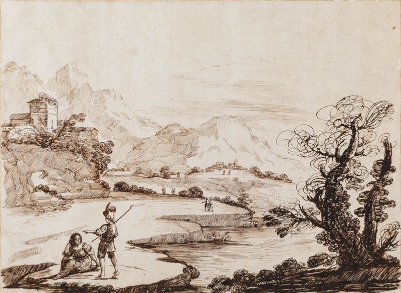 Falsario del Guercino (XVIII secolo) Paesaggio con pastori e contadini  - Asta Disegni Antichi - Cambi Casa d'Aste