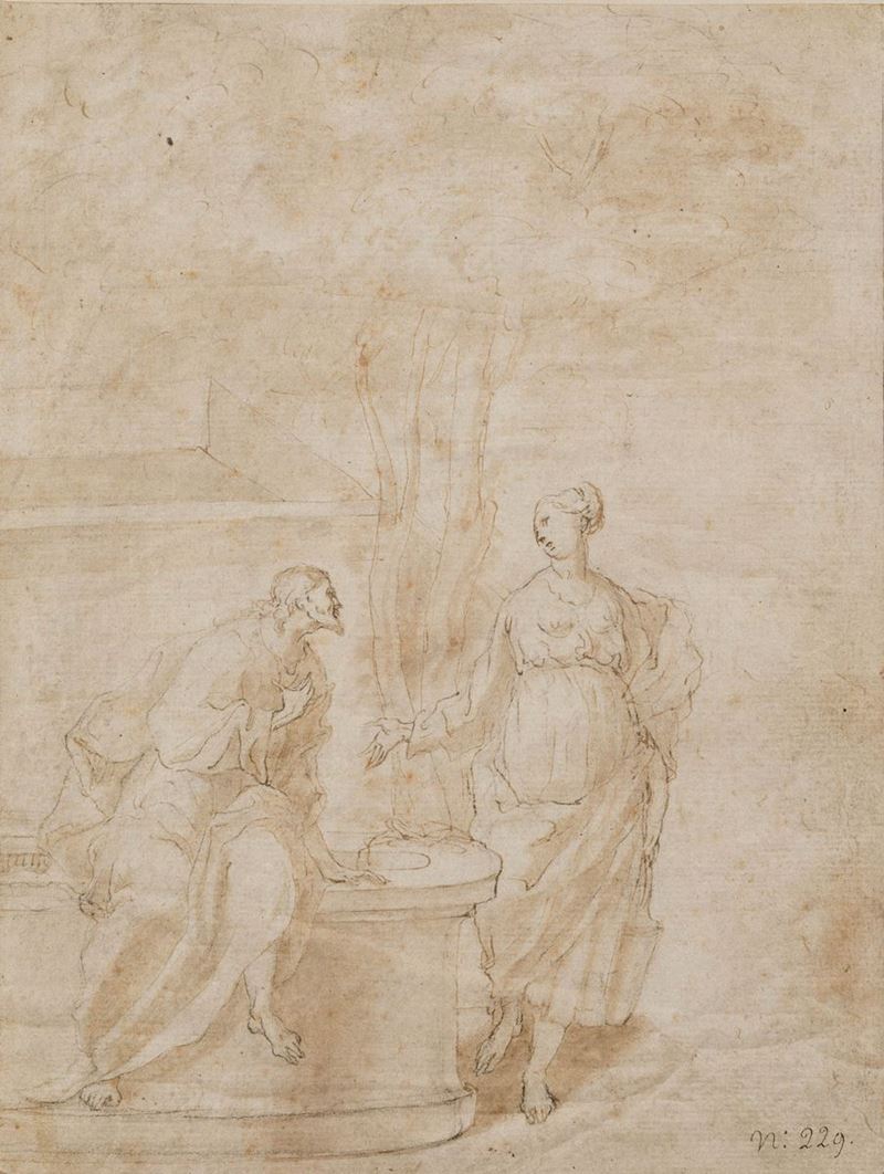 Scuola veneta del XVII secolo Gesù e la Samaritana al pozzo  - Auction Old Master Drawings - Cambi Casa d'Aste