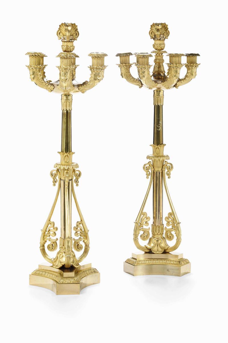 Imponente coppia di candelabri Probabilmente Francia XIX secolo  - Auction Works and furnishings from Lombard collections and other provinces - Cambi Casa d'Aste