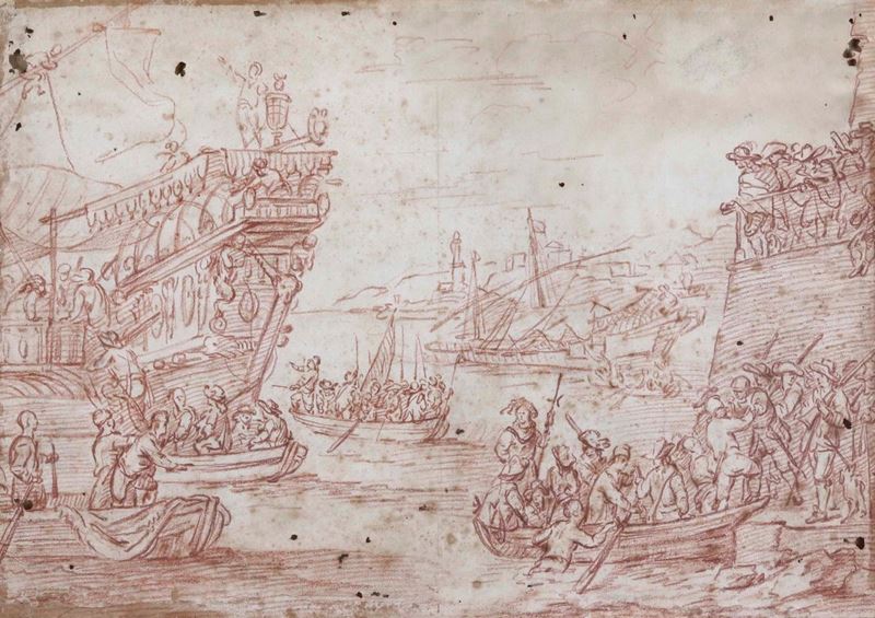 Scuola genovese del XVII secolo Imbarco di Genova  - Asta Disegni Antichi - Cambi Casa d'Aste