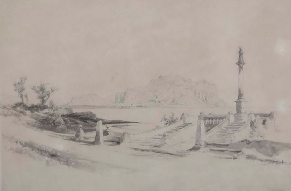 Carl Groeb (Berlino 1816-1884) Veduta di Palermo con il monte Pellegrino da Bagheria